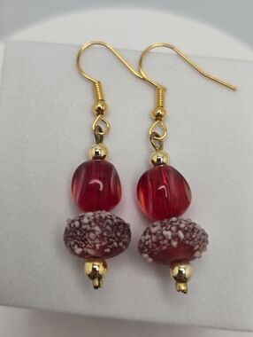 Handmade Garnet Red Beaded Earrings Tiered Glass Raspberry Bead Dangle 1.75"